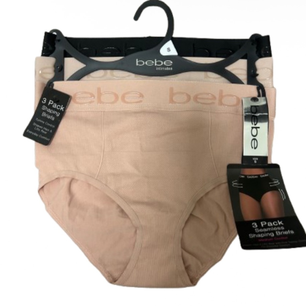 💕NWT Bebe Logo 3 Pack Seamless Shaping Briefs FIRM Control Pink Nude & Black